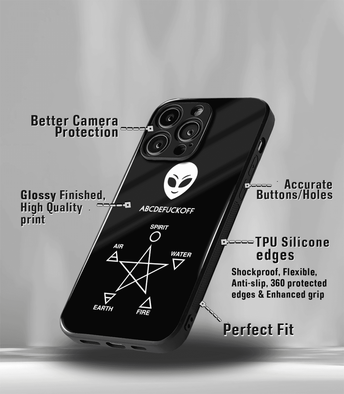 ABCDEFUCKOFF Alien Black Trippy Premium Glossy Metal Phone Case - Image 3