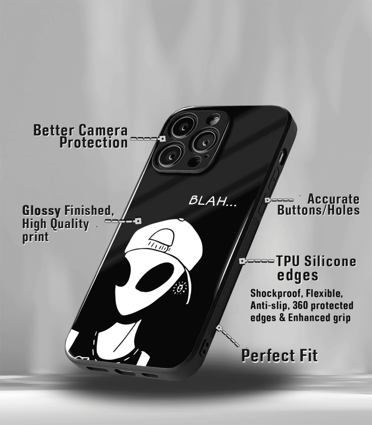 Blah Alien Black Trippy Premium Glossy Metal Phone Case - Image 3
